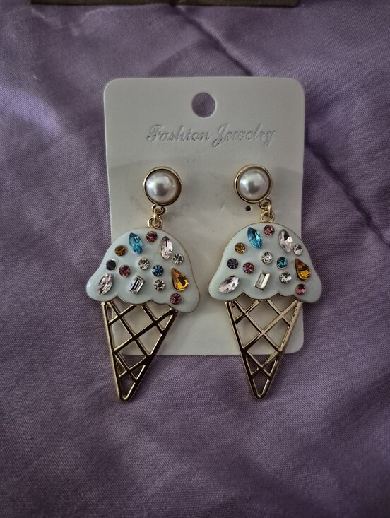 Fashion Jewelry Jewelry - Ice Cream Cone Dangle Earrings - White Enamel with Multicolor Gems